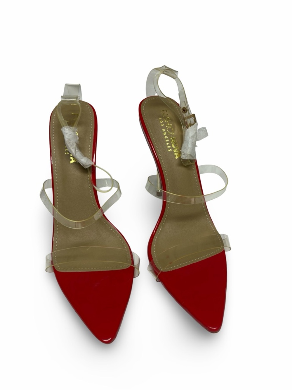 Fashion Nova Stiletto Heels, EUC, Red/Gold heel, ankle straps still wrapped